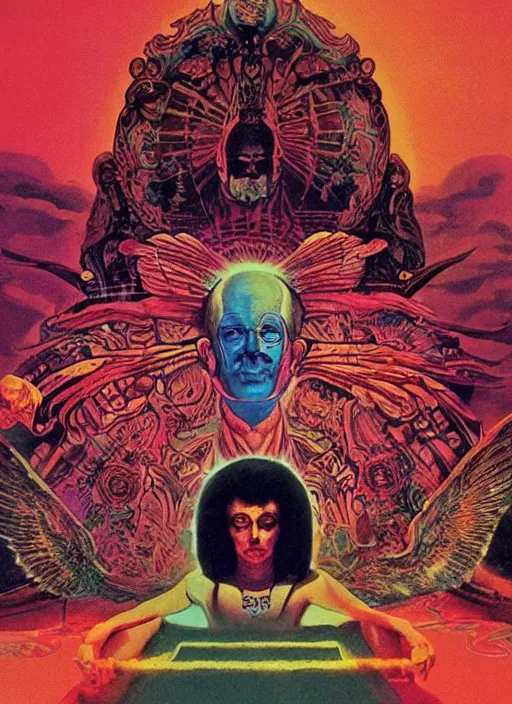 Prompt: a still from an occult movie by alejandro jodorowsky and kenneth anger, close - up, montage : : graphic poster by moebius