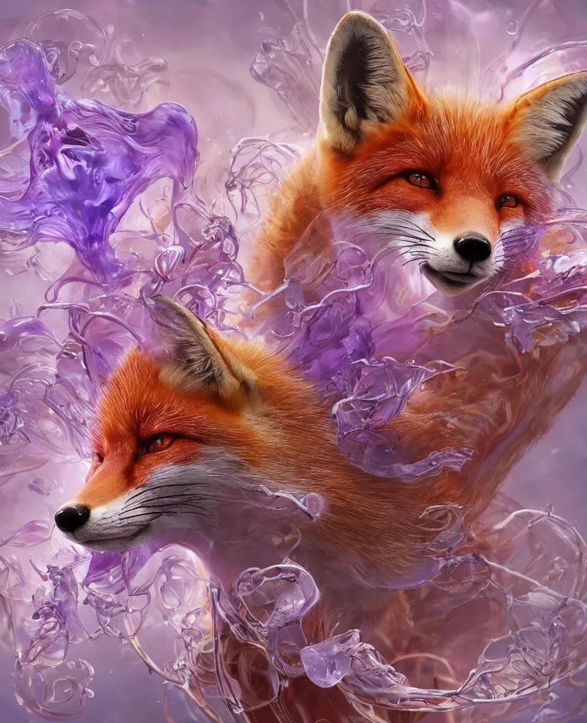 Image similar to close-up portrait of a beautiful fox in a twisted flowers orchid jellyfish mask surrounded by energy flow, epic angle and pose, symmetrical artwork, 3d with depth of field, blurred background, floating jellyfish skull phoenix bird, translucent, nautilus, energy flows of water and fire. a highly detailed epic cinematic concept art CG render. made in Maya, Blender and Photoshop, octane render, excellent composition, cinematic dystopian brutalist atmosphere, dynamic dramatic cinematic lighting, aesthetic, very inspirational, arthouse. y Greg Rutkowski, Ilya Kuvshinov, WLOP, Stanley Artgerm Lau, Ruan Jia and Fenghua Zhong