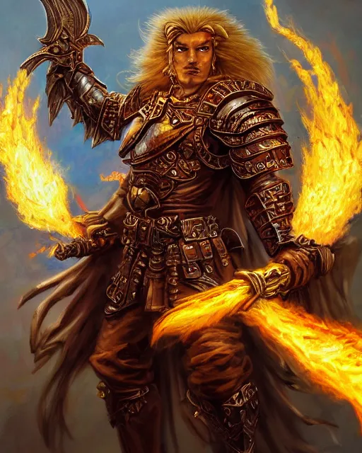 Prompt: dungeons & dragons character portrait of a brawny male leonin warrior lion angel of justice, with fiery golden wings of flame, wearing shining armor, wielding a flaming sword and holding a large fiery shield, by peter mohrbacher, mark brooks, jim burns, wadim kashin, greg rutkowski, larry elmore, esao andrews, trending on artstation