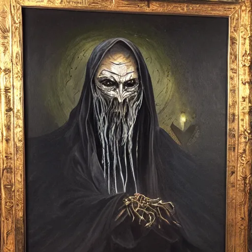 Prompt: a Wraith from LOTR, wearing dark shadowy robes and golden chains, oil painting, high detail