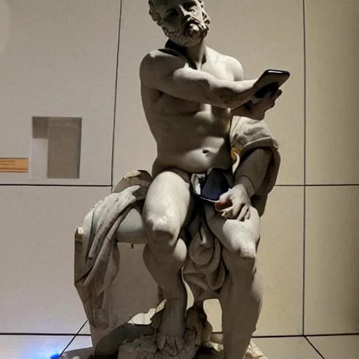 Prompt: An ancient Greek statue of Zeus scrolling through Twitter on his iPhone