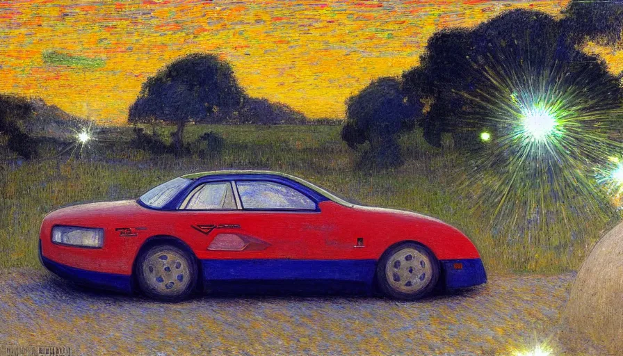 Prompt: a 1 9 9 8 brazilian car designed by jules bastien - lepage, tarsila do amaral, frank weston and gustave baumann, trending on artstation, mediterranean, stars, sharp focus, colorful refracted sparkles and lines, soft light, 8 k 4 k