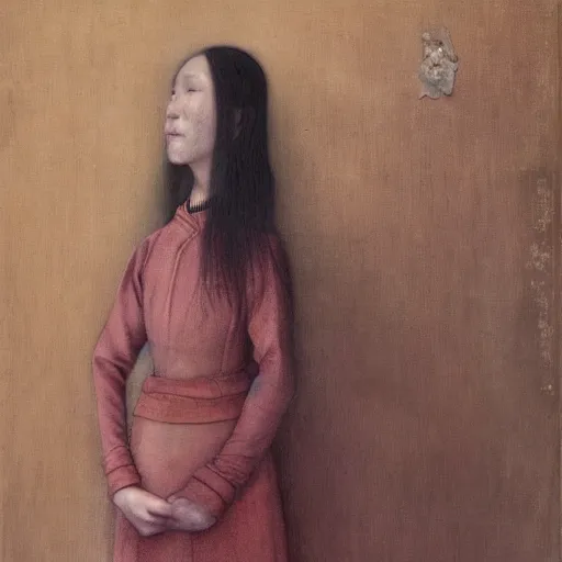 Prompt: a painting of a woman with long hair, a detailed painting by Zhang Xiaogang, featured on cgsociety, figurative art, detailed painting, pre-raphaelite, oil on canvas