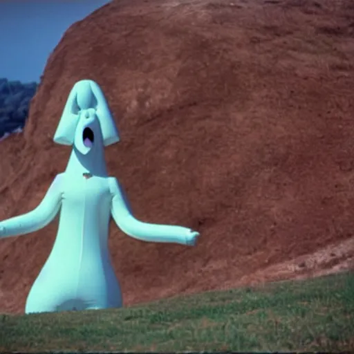 Image similar to woman with an inflatable nose, long snout, long inflatable arms, in the hillside, 1974 fellini, archival footage, technicolor film