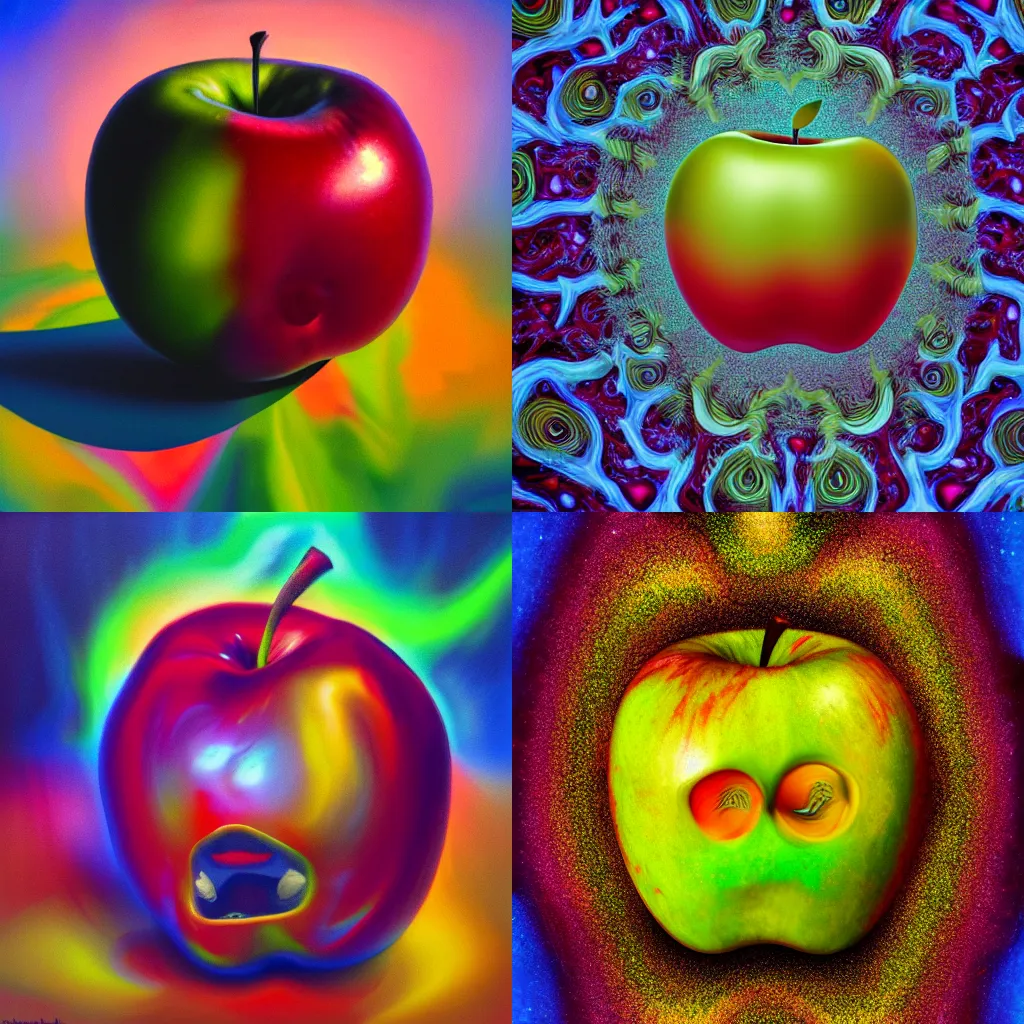 Prompt: an apple possessed by a demon, psychedelic painting, 4k, hyperreal