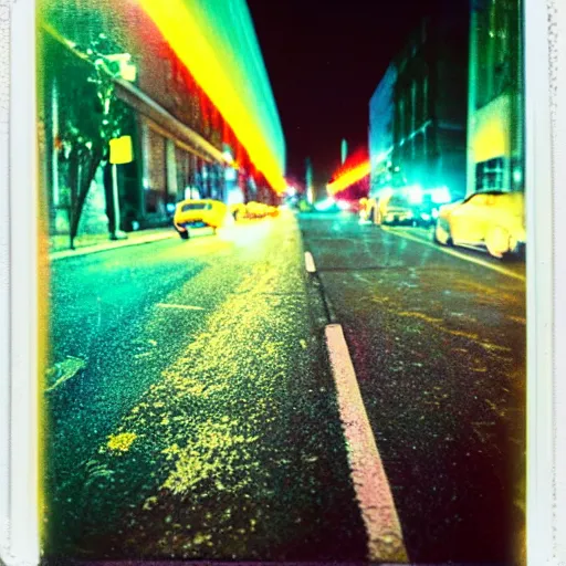 Image similar to colorful instant photograph of the middle of the street at night, polaroid, light leak, raw, nostalgic