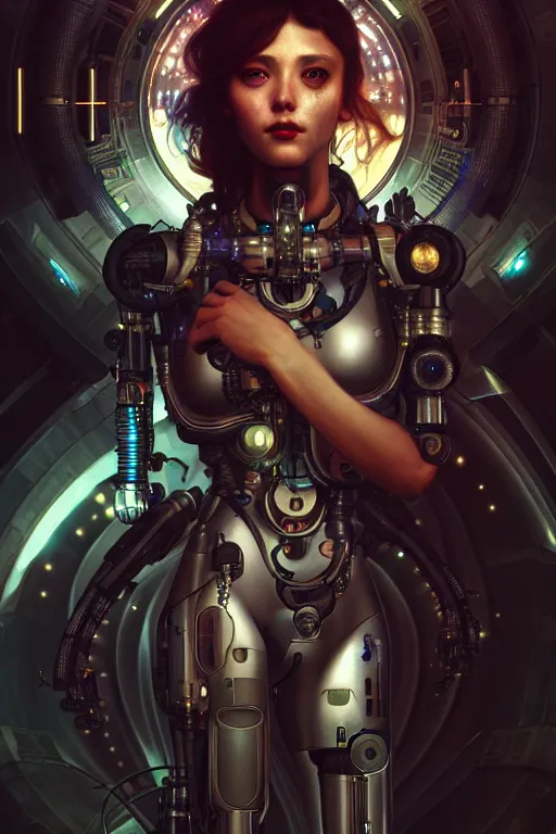 Image similar to ultra realistic, beautiful female cyborg in a crowded smoky cyberpunk club in space megalopolis, sci - fi, intricate details, eerie, highly detailed, octane render, 8 k, art by artgerm and alphonse mucha and greg rutkowski