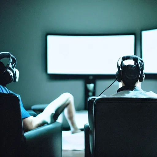 Image similar to 9 0 deg shot of a man sitting on the couch!!, watching vr in a headset!! in a darkly lit room, with a monitor behind the scene