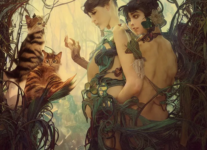 Image similar to a dramatic highly detailed render of cat family , wonderland , by WLOP and Artgerm and Greg Rutkowski and Alphonse Mucha, Beautiful dynamic dramatic dark moody lighting, shadows, cinematic atmosphere, Artstation, Octane render, 8K, masterpiece, sharp focus, hyperrealistic, photograph