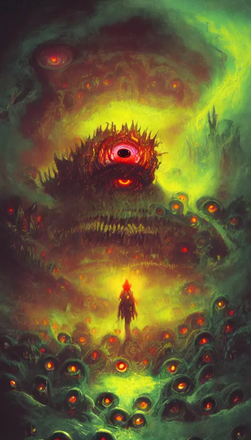 Prompt: a storm vortex made of many demonic eyes and teeth, by paul lehr,