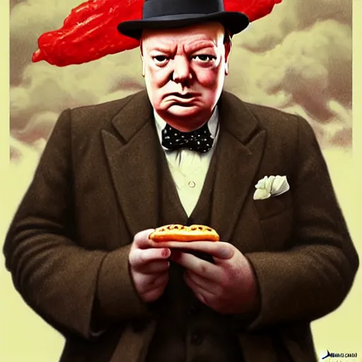 Prompt: portrait of winston churchill eating hamburgers, extra onions and ketchup, luscious patty with sesame seeds, feminine ethereal, handsome, d & d, fantasy, intricate, elegant, highly detailed, digital painting, artstation, concept art, matte, sharp focus, illustration, art by artgerm and greg rutkowski and alphonse mucha