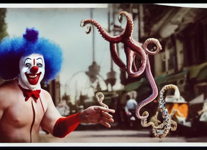 Image similar to A very high resolution image from a new movie, a clown fighting an octopus, old circus, Polaroid, directed by Steven Spielberg