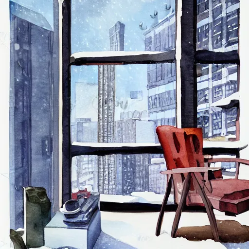 Image similar to modern loft overlooking central park in a blizzard, in watercolor gouache detailed paintings, moebius, blueprint, building, modular