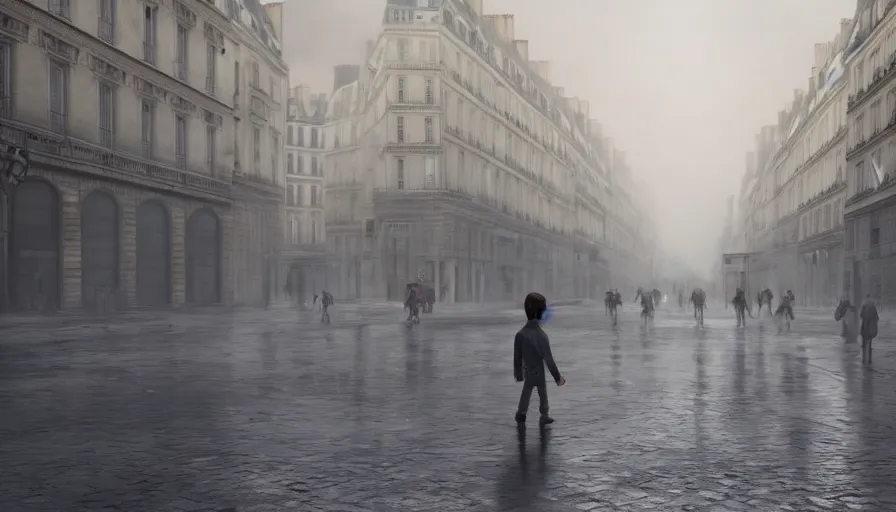 Image similar to Young boy walking in a empty Paris during the French Revolution with a light mist, hyperdetailed, artstation, cgsociety, 8k