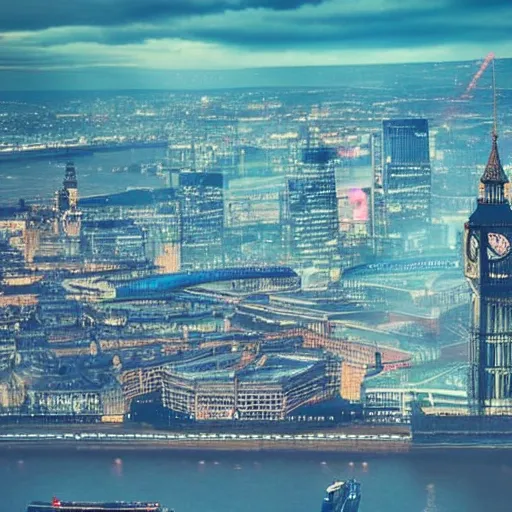 Prompt: Cyberpunk city, Big Ben, the Westminster, River Thames, flying aircrafts, neon