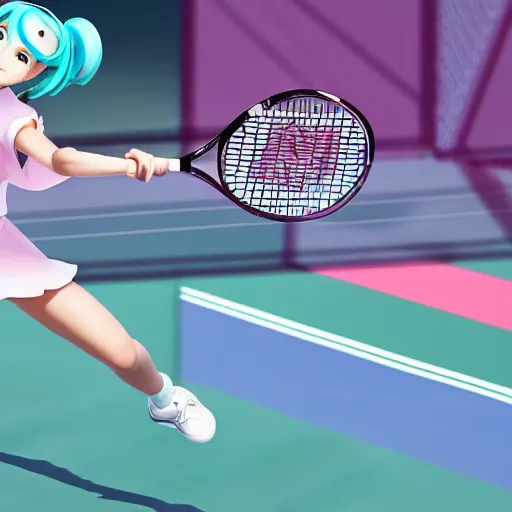 Image similar to photo of hatsune miku in real world playing tennis