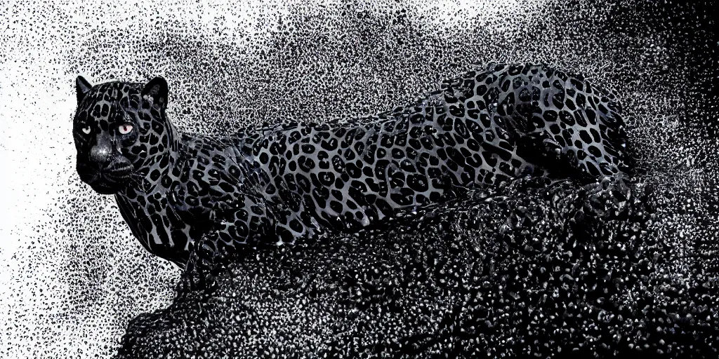 Image similar to the smooth black jaguar, made of ferrofluid, laying on the couch in the living room after bathing in the ferrofluid. photography, dslr, rimlight, wrinkles, reflections, black goo