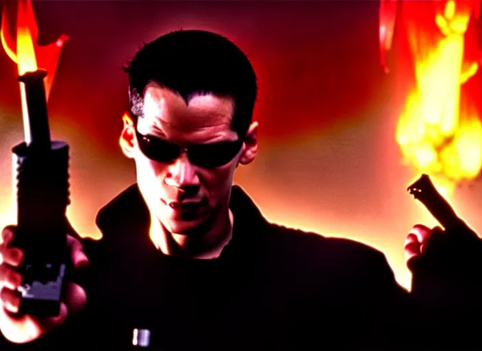 Image similar to Movie still of Neo in The Matrix movie doing a thumb up to the camera in front on burning servers.