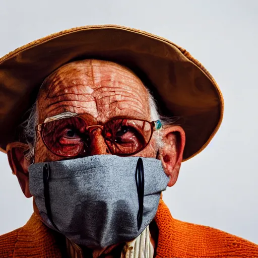 Image similar to an elderly man wearing a mask made from fried chicken, bold natural colors, national geographic photography, masterpiece, 8 k, raw, unedited, symmetrical balance