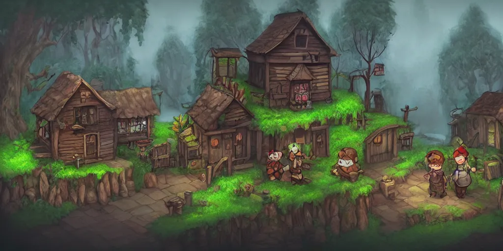 Prompt: village in the woods with an apothecary shop, ominous mist, high quality masterpiece acclaimed 2 d platformer, artstation