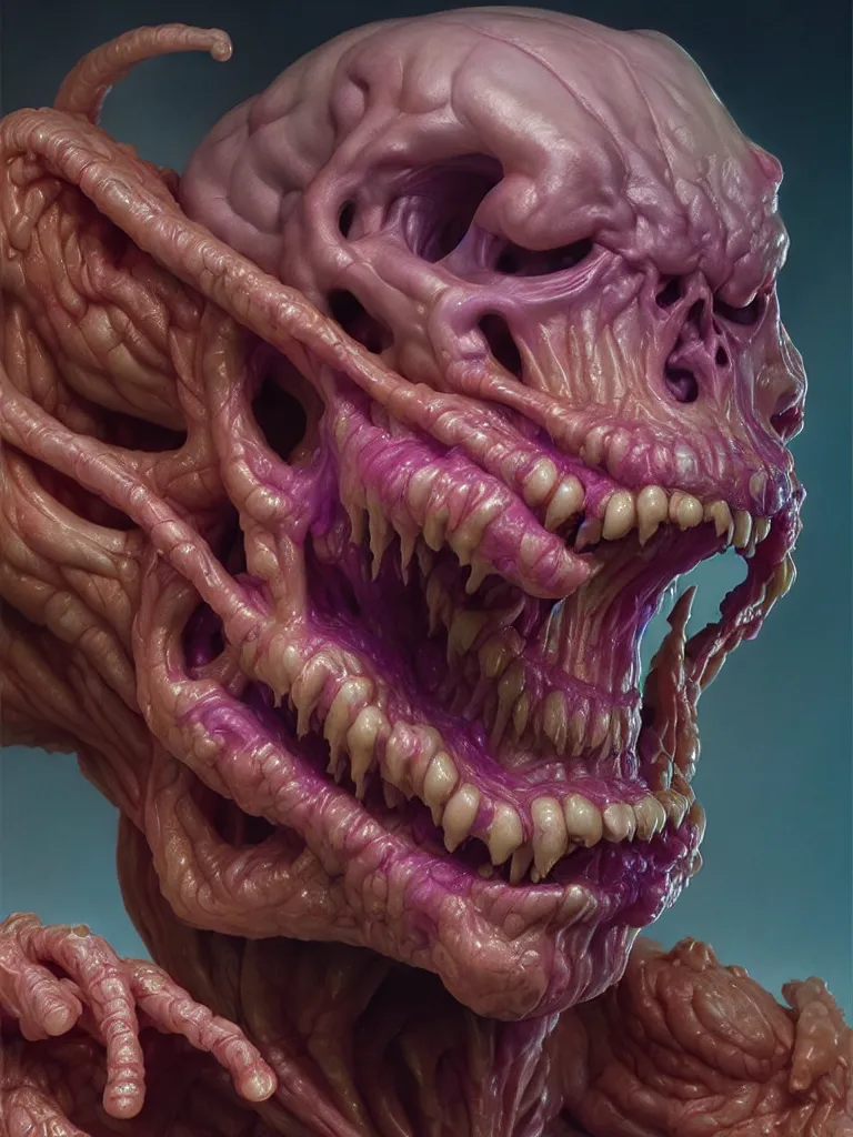 Image similar to hyperrealistic rendering, fat smooth cronenberg flesh monster skeletor by donato giancola and greg rutkowski and wayne barlow and zdzisław beksinski, product photography, action figure, sofubi, studio lighting, colored gels