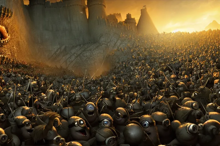 Image similar to diorama of minions fighting orcs in the battle of helm's deep, giant castle walls, realistic, 4 k, detailed, atmospheric, cinematic lighting, octane render, unreal engine render, ray tracing lighting