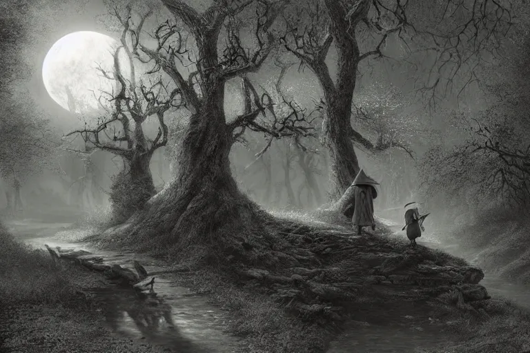 Prompt: a blind old wizard in a pointed hat walks through a dark forest, dark night, full moon, stone bridge over the creek, crows on the oak tree, highly detailed digital art, photorealistic