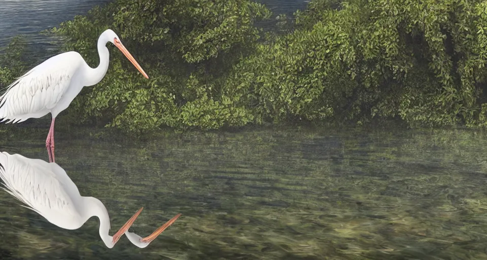 Prompt: A beautiful hyper realistic ultra detailed lifelike matte painting of a stork in a lake, reef, water reflection, unreal engine, deviantart, flickr, artstation, octane render, textured, colorful, extreme realistic detail, physically based rendering, pbr render, very detailed, volumetric lighting, detailed lighting, octane render, 4k, cinematic lighting, 8k resolution