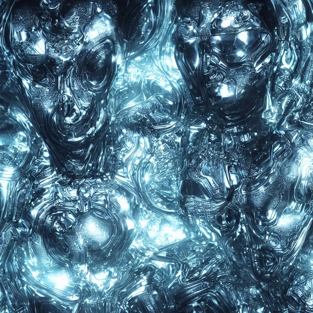 Image similar to an insanely detailed cibernetic artwork of a futuristic artificial intelligence superstar, extremely detailed water texture, centered image, perfectly symmetrical alien face, with frames made of detailed fractals, octane render, 4k, insanely detailed, detailed grid as background, photorealistic digital art, hyper realism, high detail, cgi