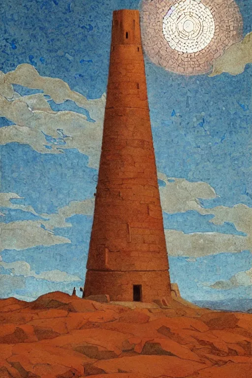 Image similar to painted tower of the moon, by Sylvain Sarrailh and Nicholas Roerich and Annie Swynnerton, dramatic cinematic lighting , beautiful tilework mosaics, ornate architecture, sacred artifacts, lost civilizations, smooth, sharp focus, extremely detailed