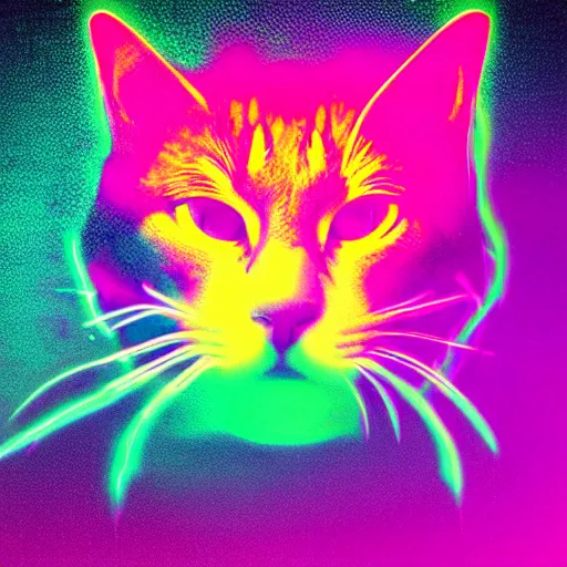 Image similar to cat head outline, portrait, vaporwave, synthwave, neon, vector graphics, cinematic, volumetric lighting, f 8 aperture, cinematic eastman 5 3 8 4 film, lightning in background