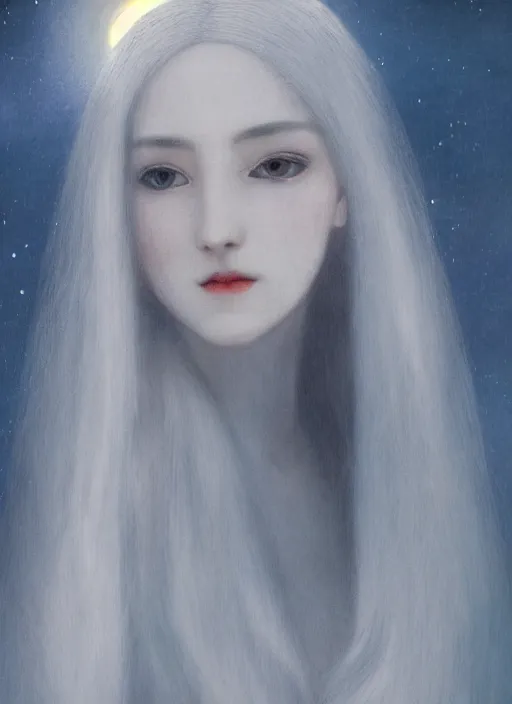 Image similar to beatifull pale wan woman, feminine goddes, side view, lit only by the moonlight, silver hair!!, style of fernand khnopff and lucien levy - dhurmer, 4 k resolution, aesthetic!,