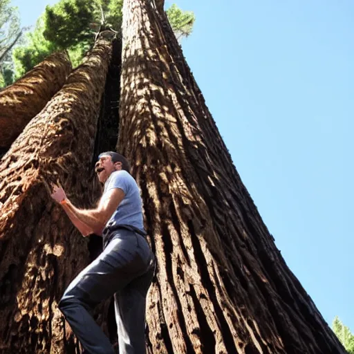 Prompt: steve carrell climbing a giant redwood tree with his claws