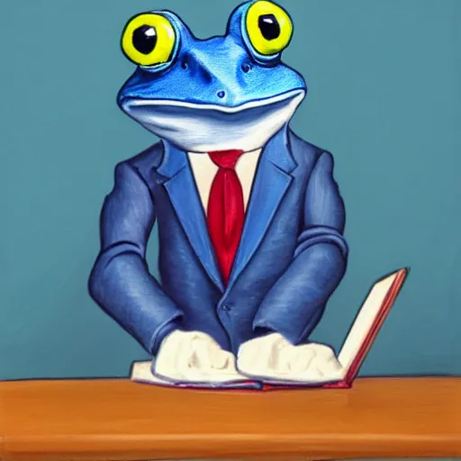 Prompt: a portrait painting of an anthropomorphic blue frog wearing a suit sitting in an office, very detailed, very intricate,