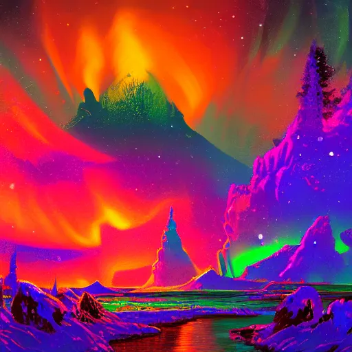 Prompt: wide wide photo of northern Lights in hell (((dynamic neon lighting)) in chromatic dmt trippy lake with glowing birds, mountains, elegant, highly detailed, sharp focus, illustration, beautiful, geometric, trending on artstation, cinematic, artwork by Tran, Ross and Aivazovsky, Ivan