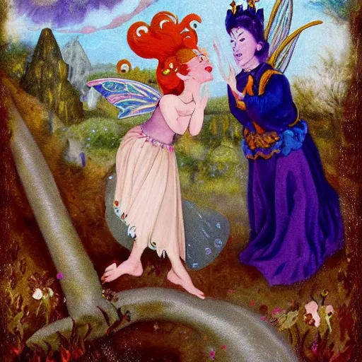 Image similar to a beautiful fairy princess is angry at a jester