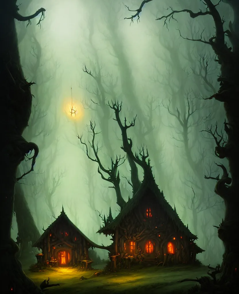 Prompt: a witches cabin in a dark forest, by peter mohrbacher