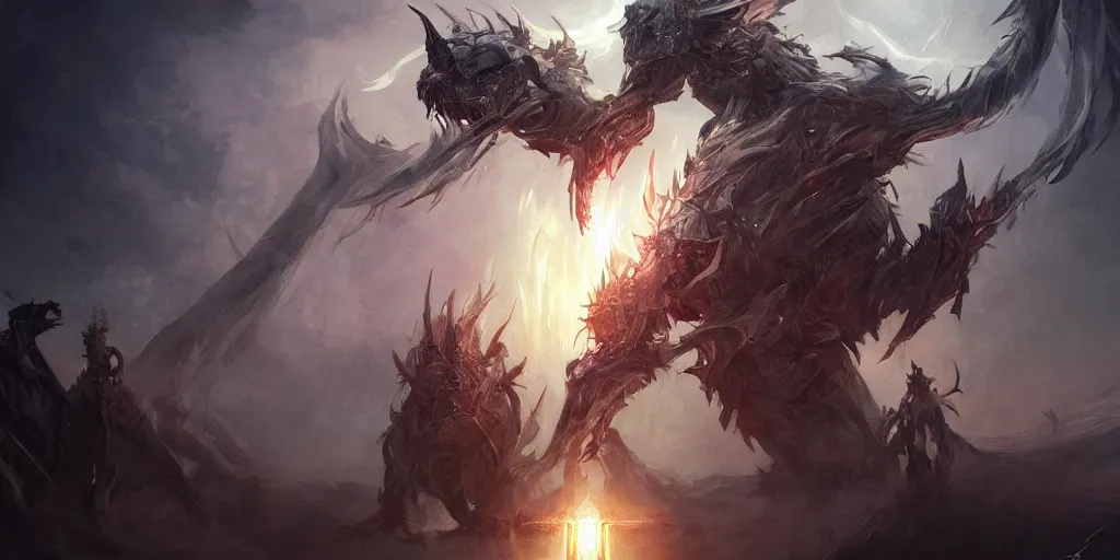 Image similar to the holy light pierces through the evil beasts, concept art, digital illustration, trending on artstation, deviantart, artgerm, epic composition, masterpiece, highly detailed, advanced technique, ambient lighting, wlop, ross draws