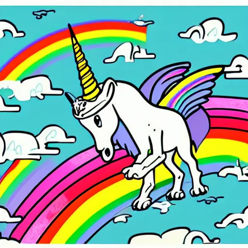 Prompt: old english sheet dog with a unicorn horn and wings flying in the sky with rainbows synthwave line art illustration, 1981, high detail