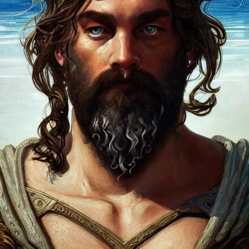 Prompt: ''face portrait of poseidon from greek mythology, sea background, greece, fantasy, dungeons and dragons, d & d, digital painting, artstation, concept art, sharp focus, illustration, art by greg rutkowski and alphonse mucha''