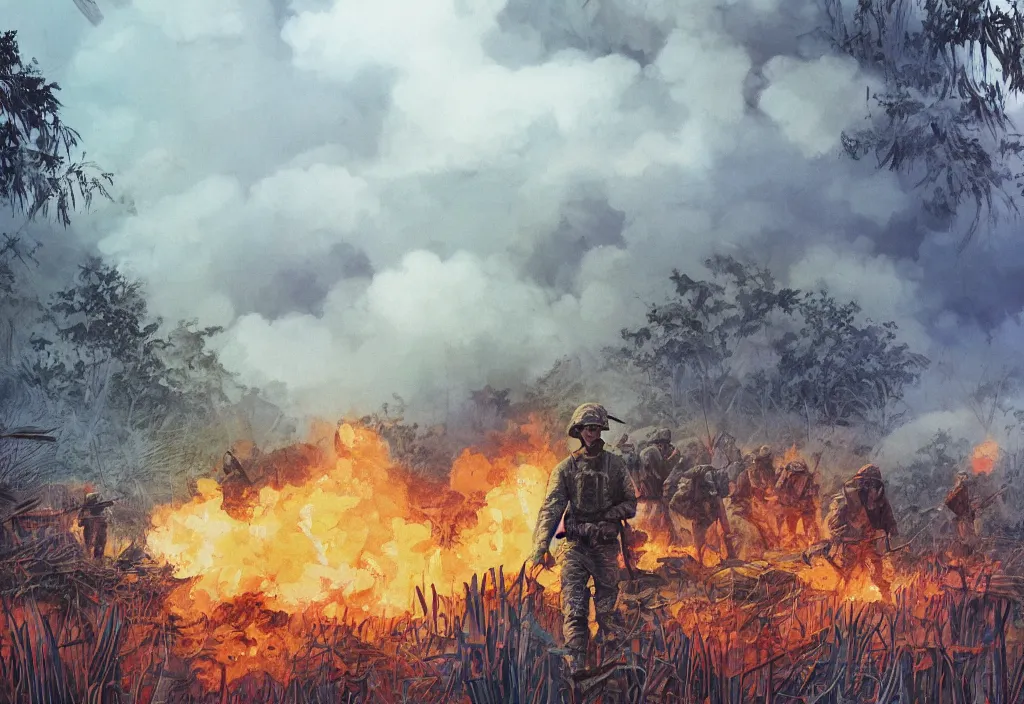 Image similar to handmade colorful illustration of an epic Vietnam War scene with a very few american soldiers walking, one american soldier at the forefront staring at the jungle, blue sky with beautiful clouds, some fire with columns of grey smoke, line art, heavy brushstrokes, oil on canvas by Kilian Eng and by Jake Parker, winning-award masterpiece, fantastic, octane render, 8K HD Resolution, High quality image