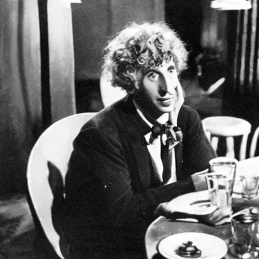 Prompt: harpo marx dines alone at a fancy restaurant