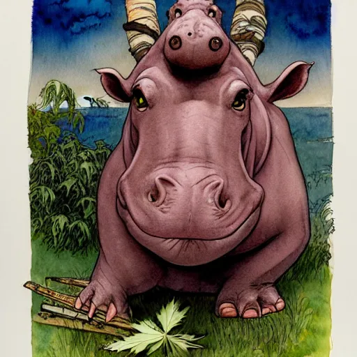 Prompt: a realistic and atmospheric watercolour fantasy character concept art portrait of a hippo with red eyes smoking a huge blunt looking at the camera with a pot leaf nearby by rebecca guay, michael kaluta, charles vess and jean moebius giraud