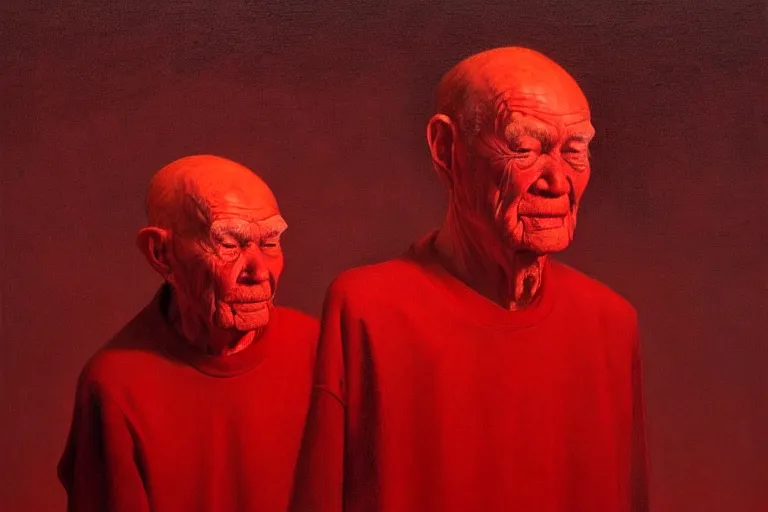 Image similar to only with red, a red old man try to sell a portrait, cheering crowd, in the style of beksinski, parts by edward hopper, parts by rodcenko, parts by yue minjun, intricate and epic composition, red by caravaggio, insanely quality, highly detailed, masterpiece, red light, artstation, 4 k