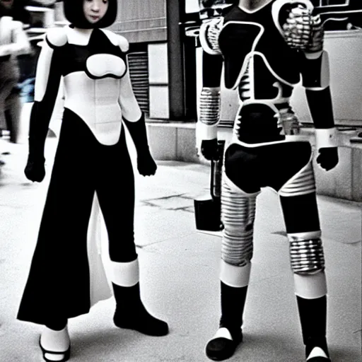 Prompt: japanese 70s black and White TV show, Photorealistic, cyborg superheroes walking the streets of Shinjuku