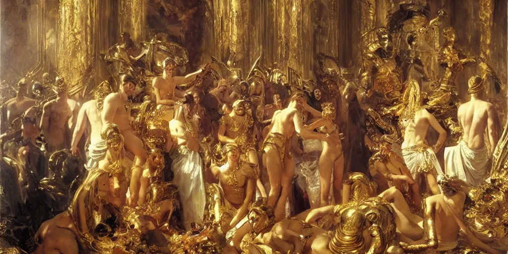 Prompt: beautiful oil painting, high details, the alien god emperor of ancient civilization surrounded by servants in gilded halls a golden wreath upon his head, by anders zorn, wonderful masterpiece by greg rutkowski, beautiful cinematic light, american romanticism, by giger, rolf armstrong, ernie barnes