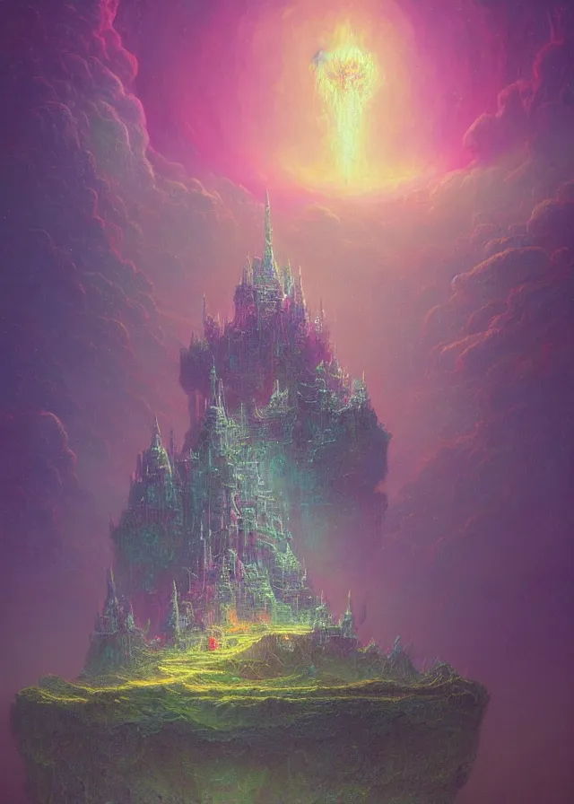 Image similar to an ultra detailed midjourney concept digital art painting of a singular floating island castle, levitating across space in a misty pearlescent nebula by paul lehr kazumasa uchio situated in a starry expanse of bioluminescent cosmic worlds by beksinski and beeple, ecological art, flying citadel with towers, trending on artstation