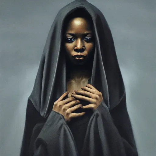 Image similar to a portrait of a young black woman wearing a long dark cloak, hood and shadows covering face, anatomically correct, beautiful perfect face, enigmatic, oil painting, matte painting, black background, Volumetric dynamic lighting, Highly Detailed, Cinematic Lighting, Unreal Engine, 8k, HD, by Beksinski