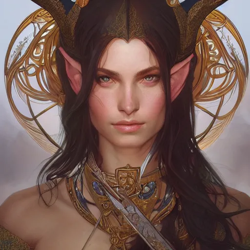 Image similar to full portrait of a beautiful high elf , D&D, fantasy, intricate, cinematic lighting, highly detailed, digital painting, artstation, concept art, smooth, sharp focus, illustration, art by Terry Moore and Greg Rutkowski and Alphonse Mucha