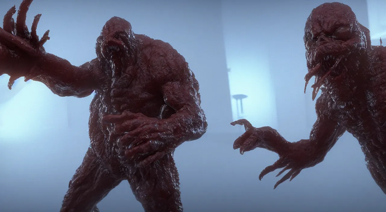 Prompt: the thing ( 1 9 8 2 ), predator ( 1 9 8 7 ), unreal engine, octane render, depth of field, cycles render, trending on artstation, hd